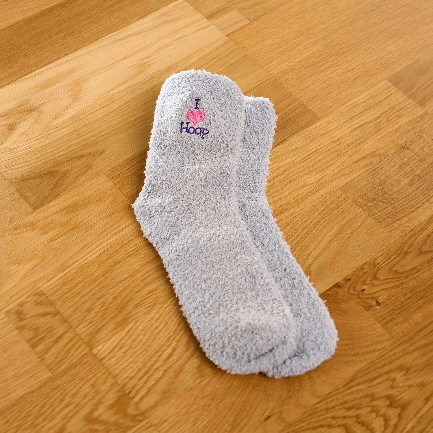 AH2024-SF-GRY-ILH_01 Grey fluffy socks with I love hoop embroidery