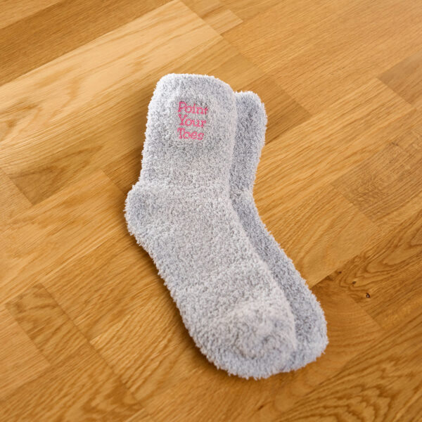 Grey fluffy socks with Point Your Toes embroidery