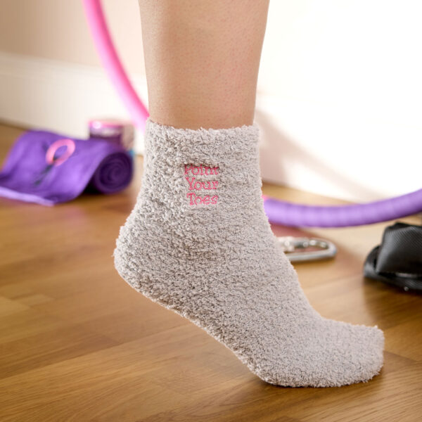 Grey fluffy socks with Point Your Toes embroidery