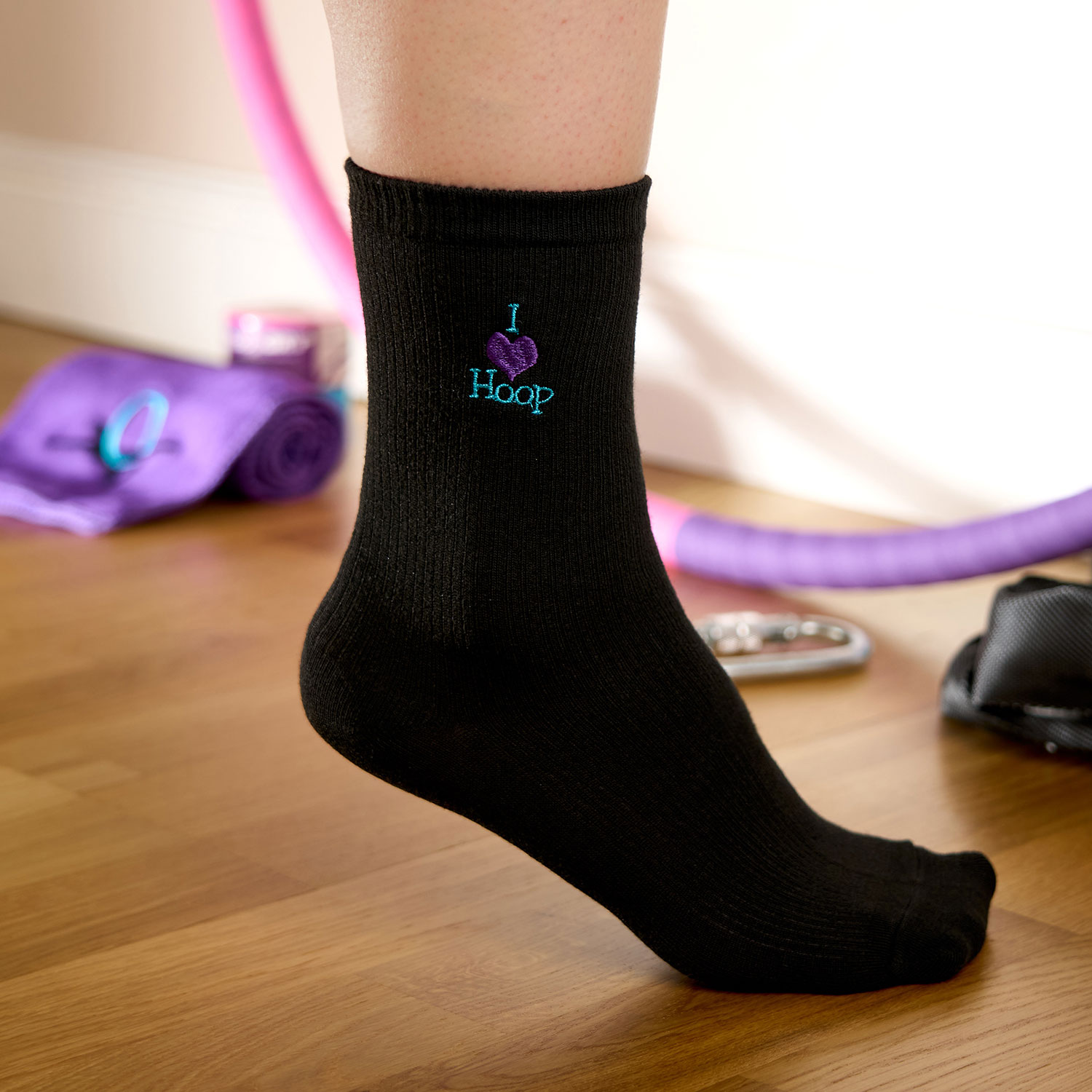 AH2024-SP-BLK-ILHTP_02 Black socks with I love hoop embroidery