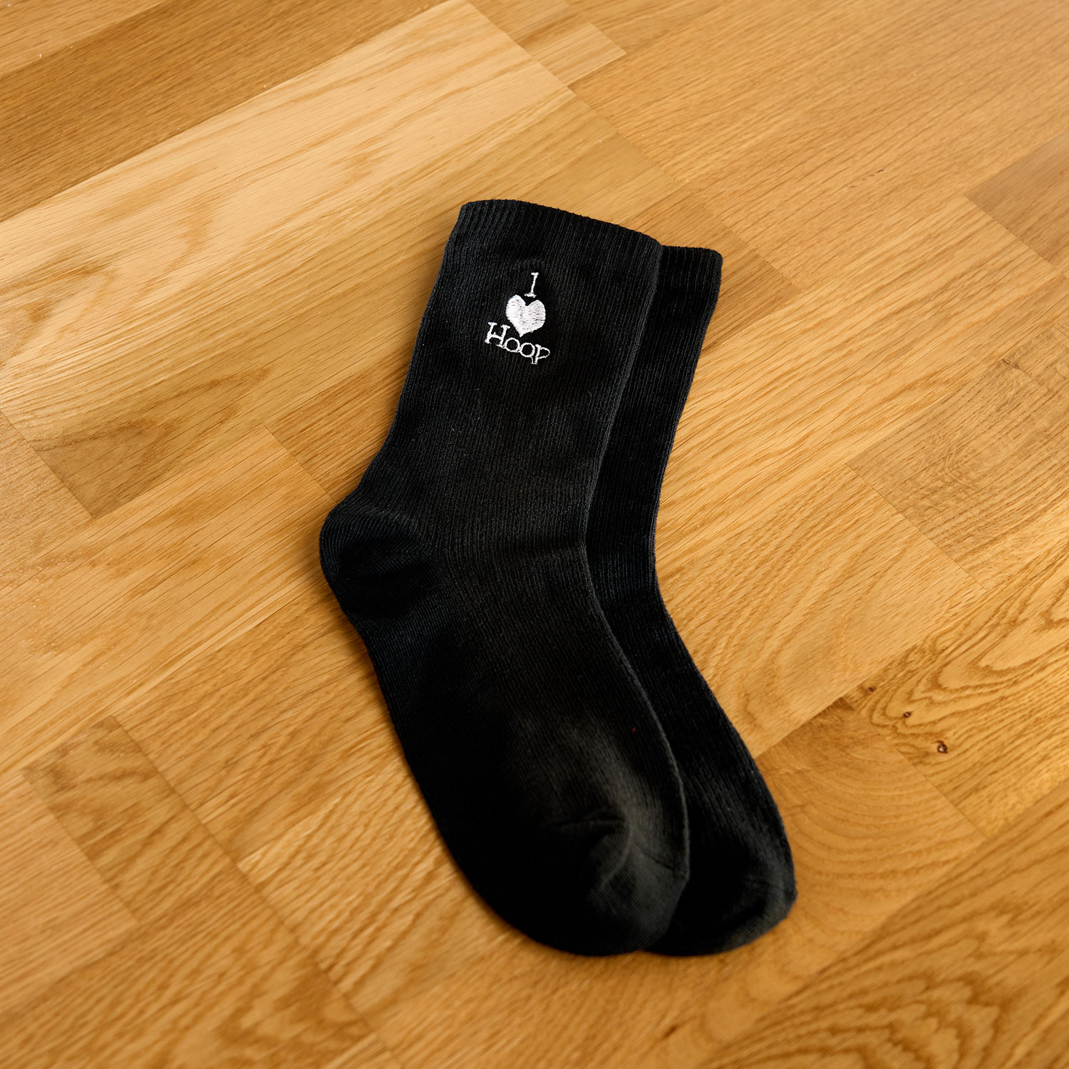 AH2024-SP-BLK-ILHW_01 Black socks with I love hoop embroidery