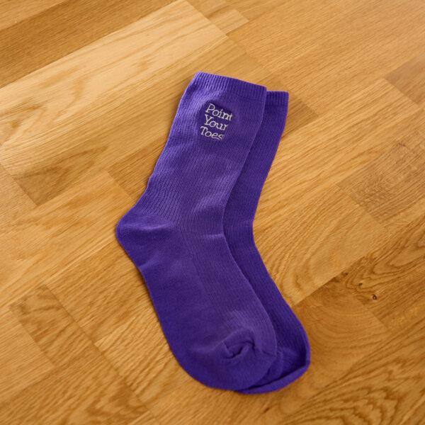 Purple socks with Point Your Toes embroidery